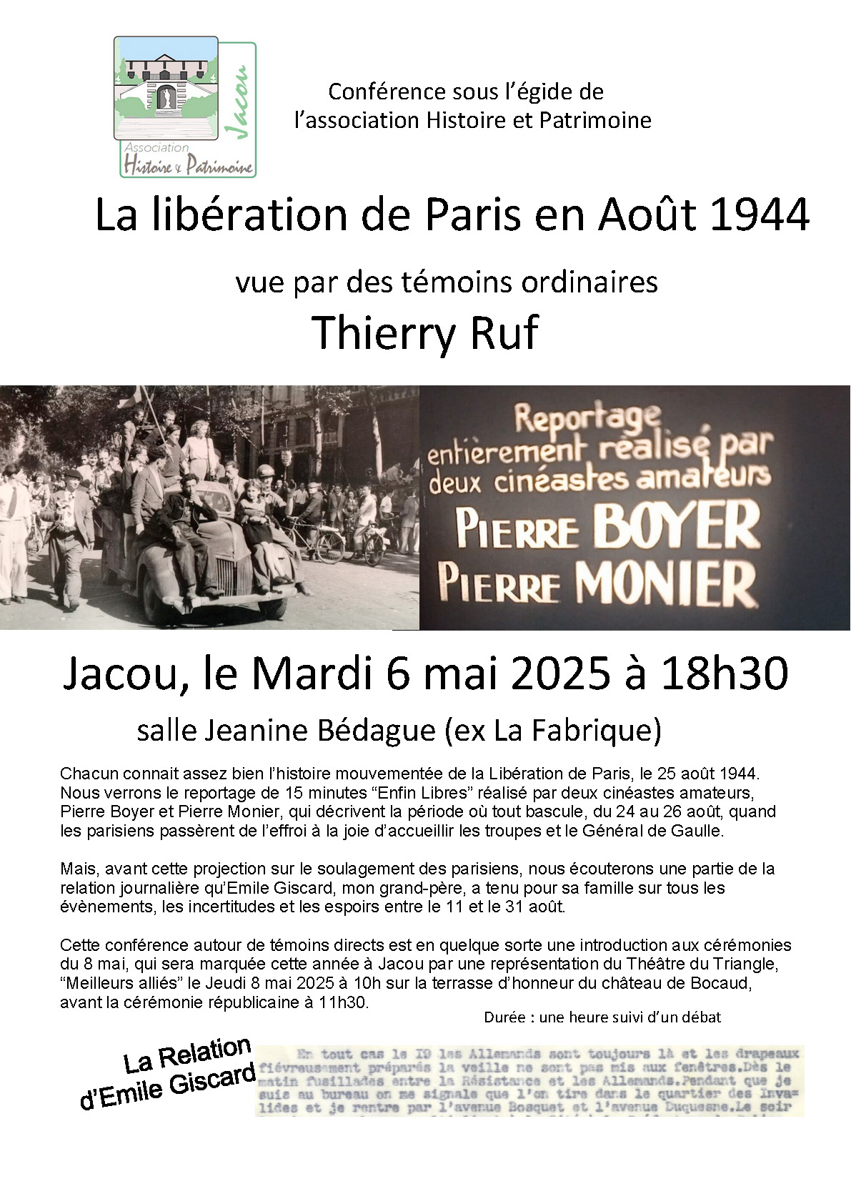 Conférence : La libération de Paris en août 1944 vue par des témoins ordinaires